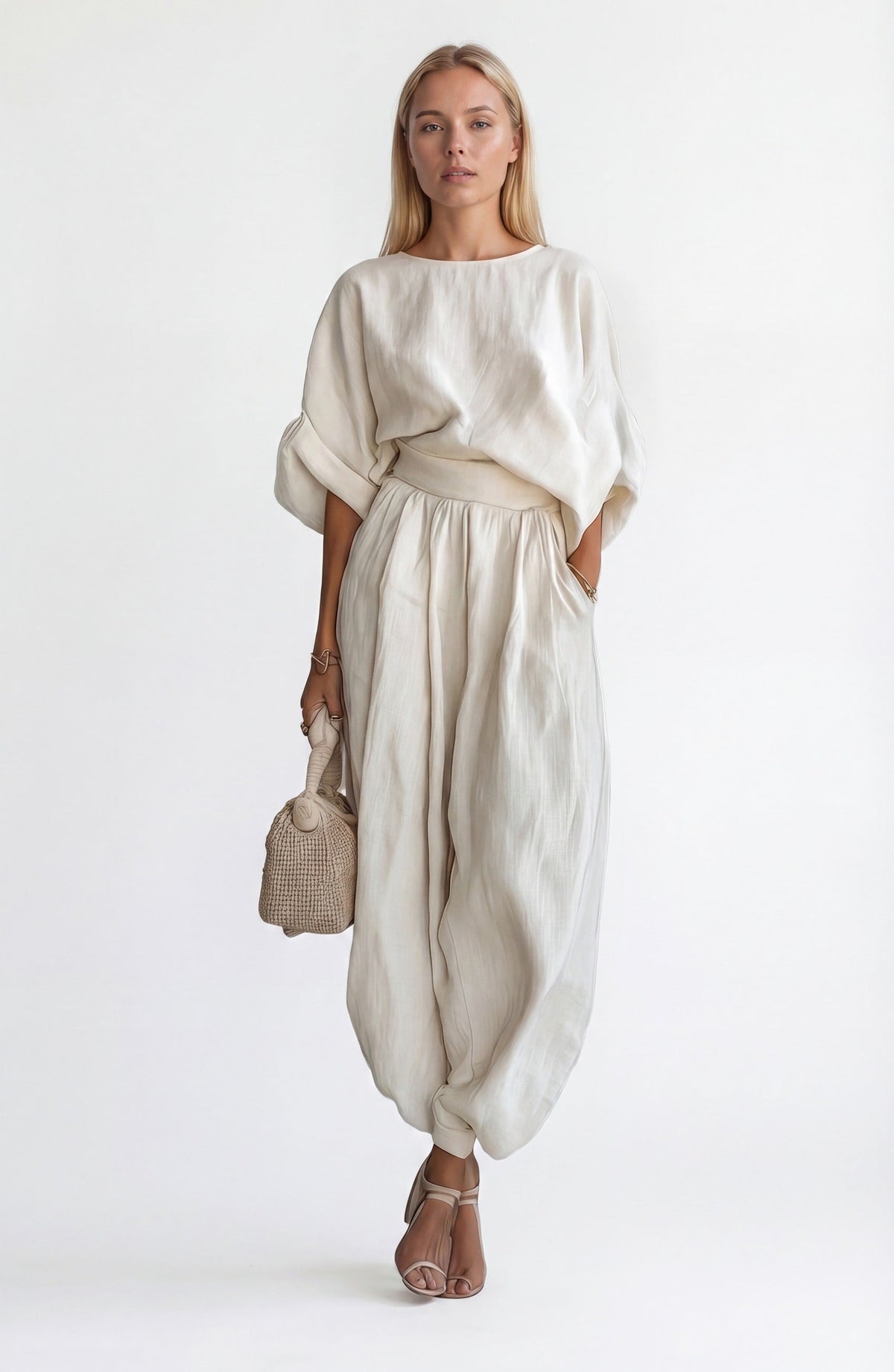 Women's Linen Two-Piece Set – Draped Blouse & Wide-Leg Pants