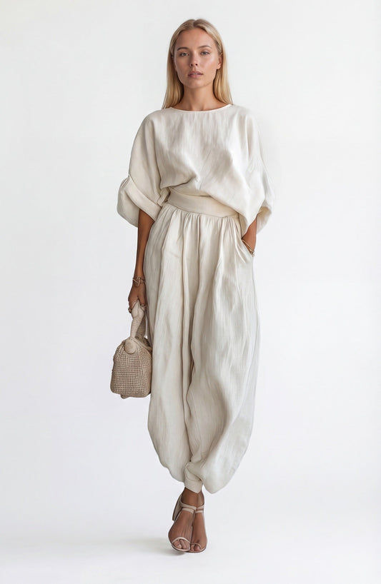 Women's Linen Two-Piece Set – Draped Blouse & Wide-Leg Pants