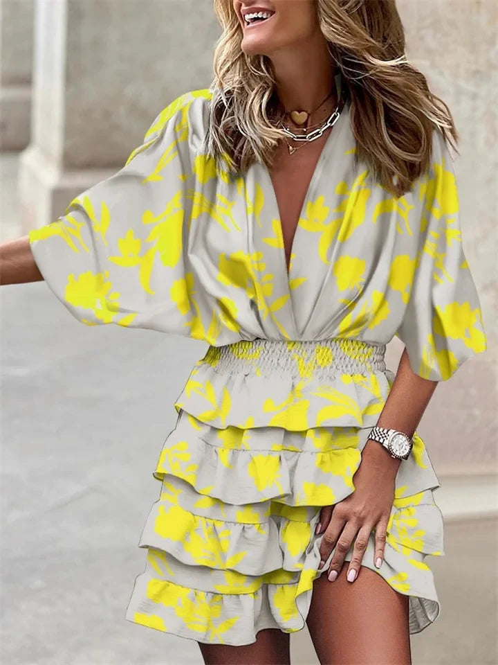 Women's Ruffled Mini Dress – V-Neck Batwing Sleeve