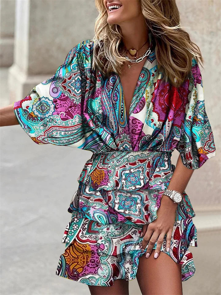 Women's Ruffled Mini Dress – V-Neck Batwing Sleeve