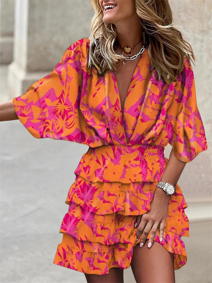 Women's Ruffled Mini Dress – V-Neck Batwing Sleeve