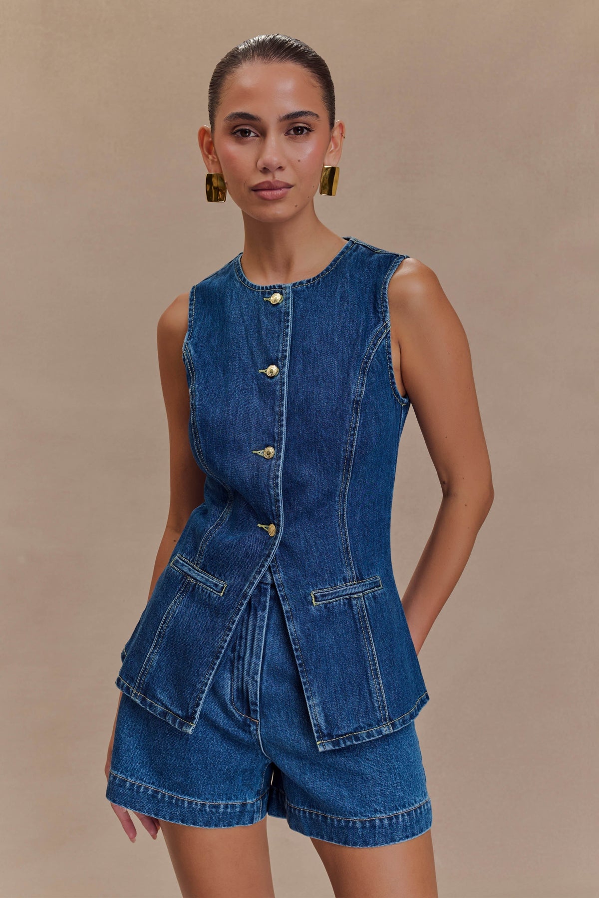 Women's Denim Vest and Shorts Set – Tailored High-Waist
