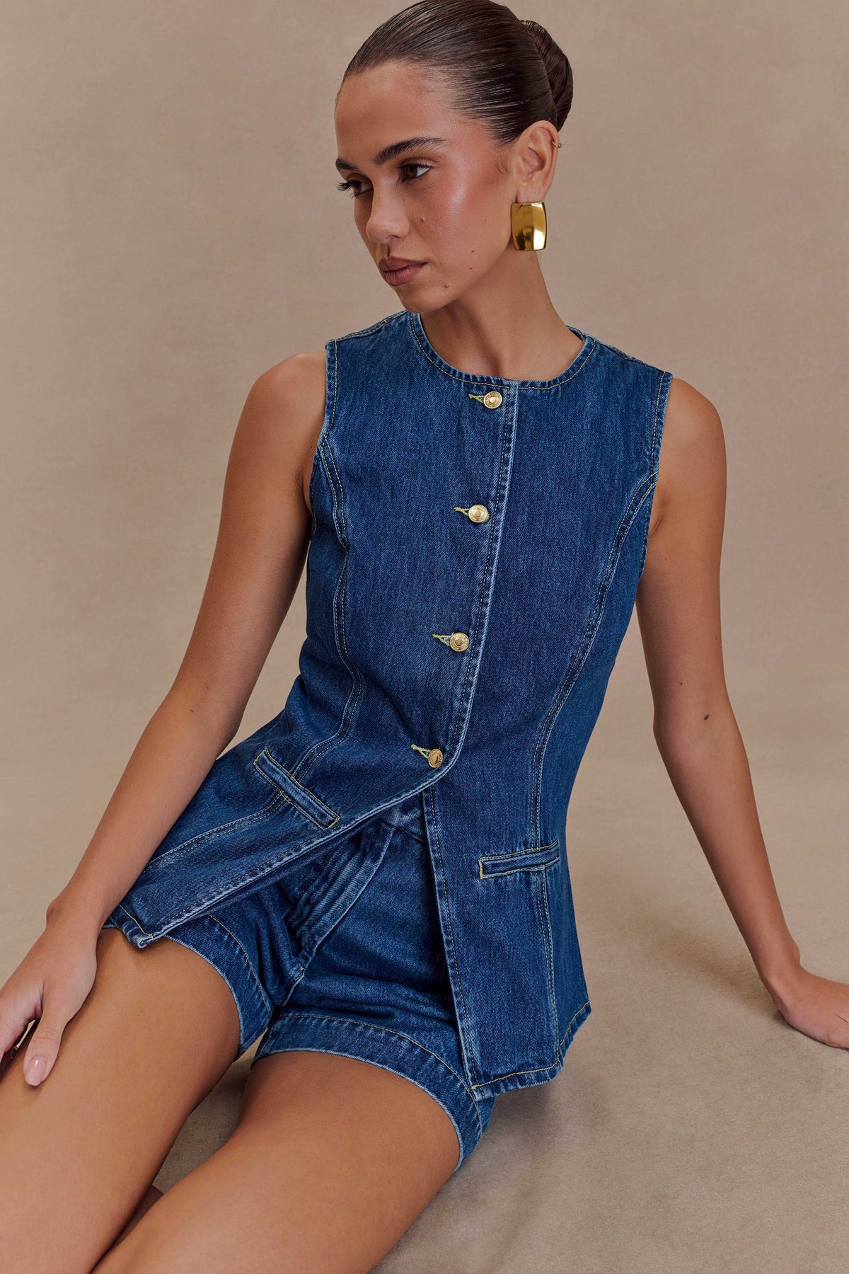 Women's Denim Vest and Shorts Set – Tailored High-Waist
