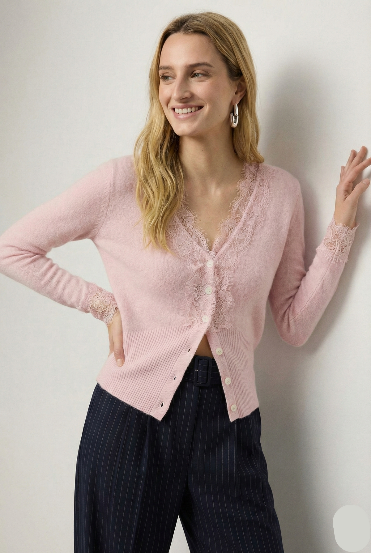 Women's Lace-Trim Knit Cardigan – Open Front Easy Fit