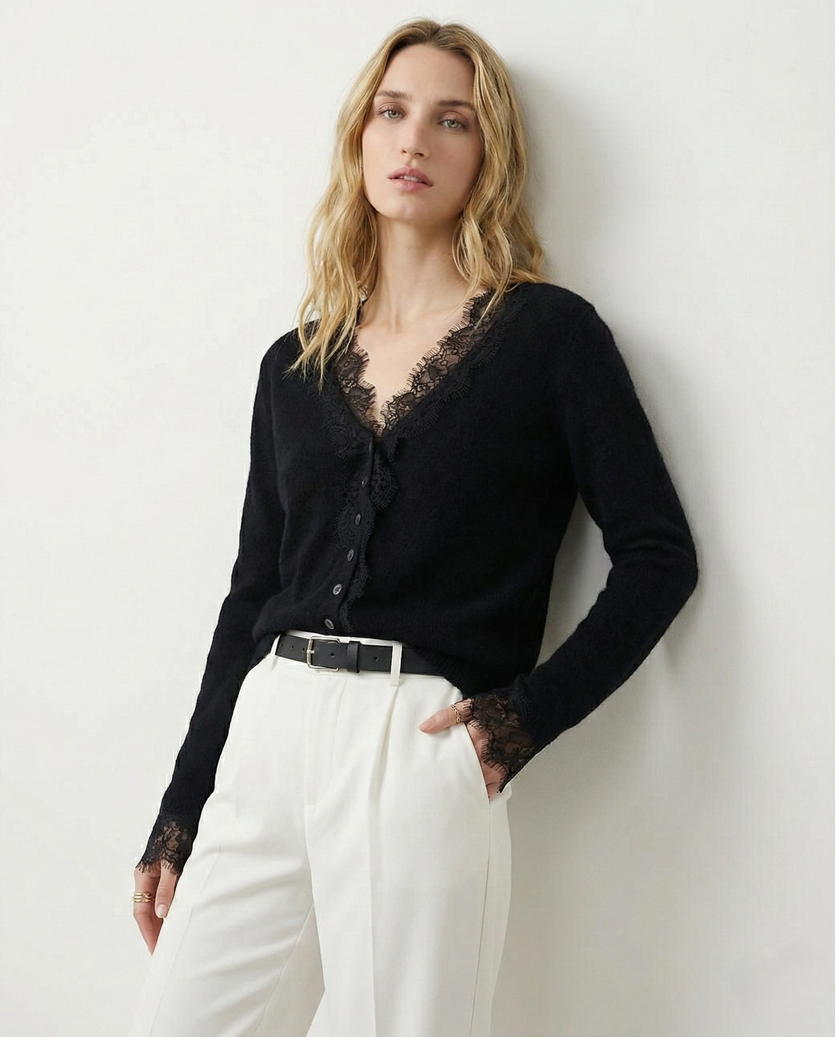 Women's Lace-Trim Knit Cardigan – Open Front Easy Fit