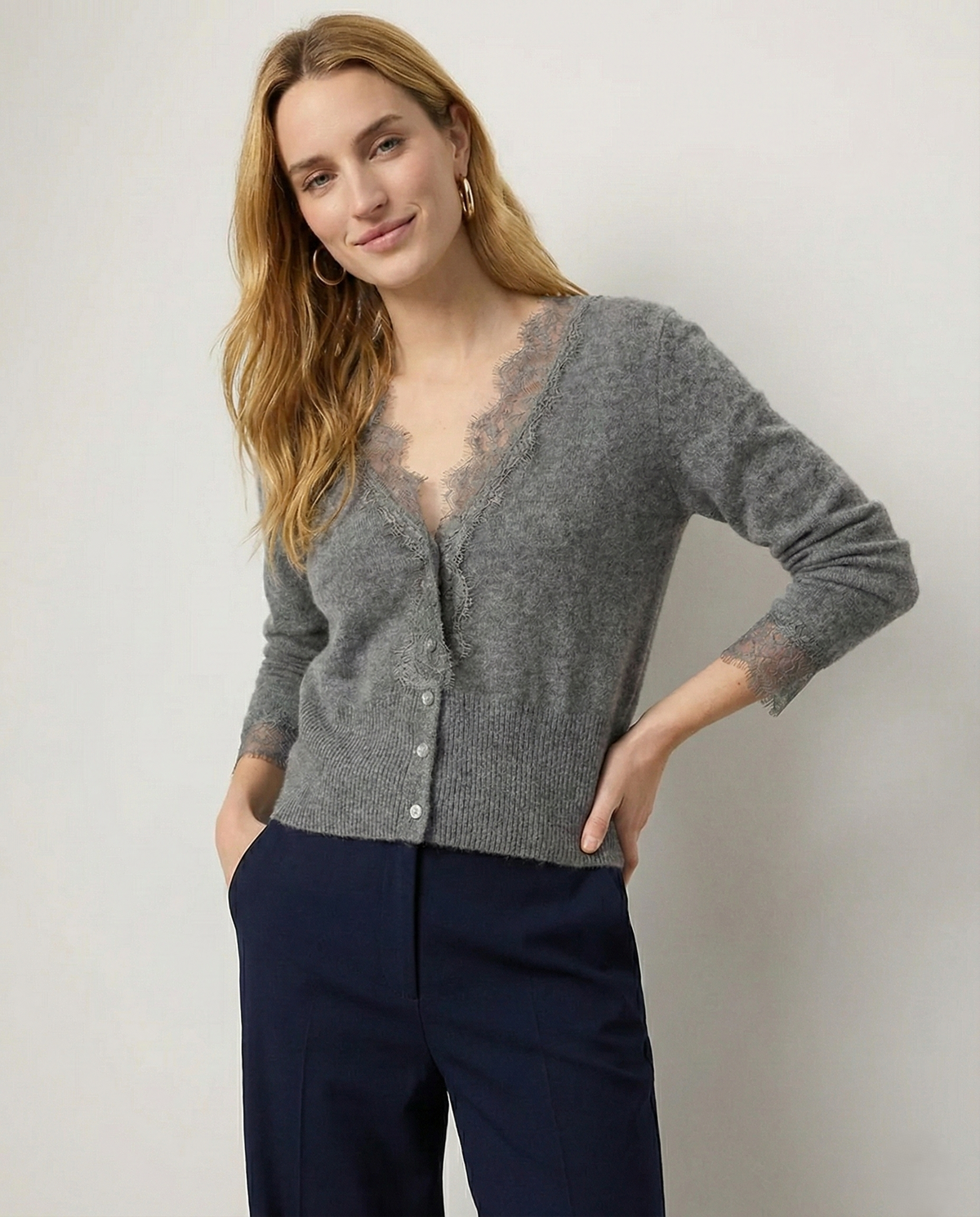Women's Lace-Trim Knit Cardigan – Open Front Easy Fit
