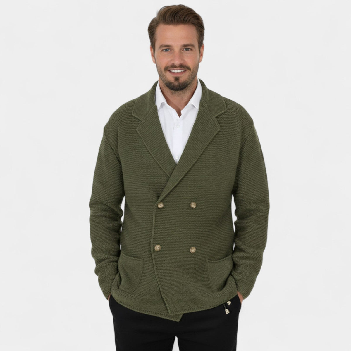 Men's Double-Breasted Knit Cardigan – Notched Lapel Tailored Fit