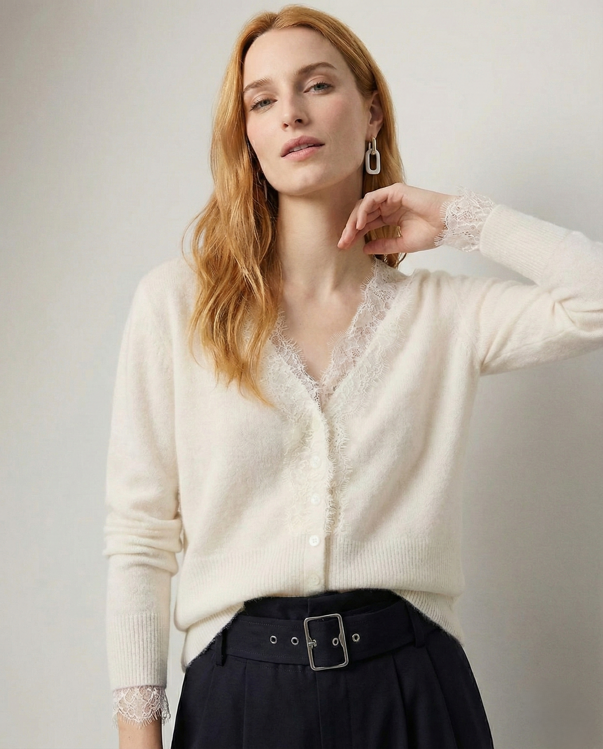 Women's Lace-Trim Knit Cardigan – Open Front Easy Fit