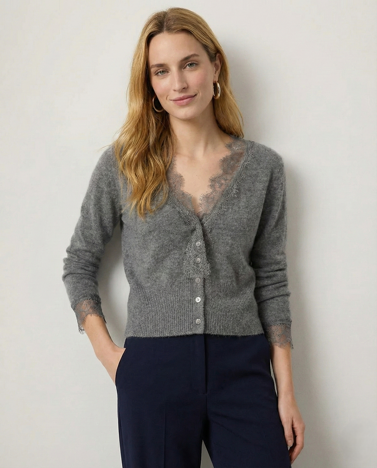 Women's Lace-Trim Knit Cardigan – Open Front Easy Fit