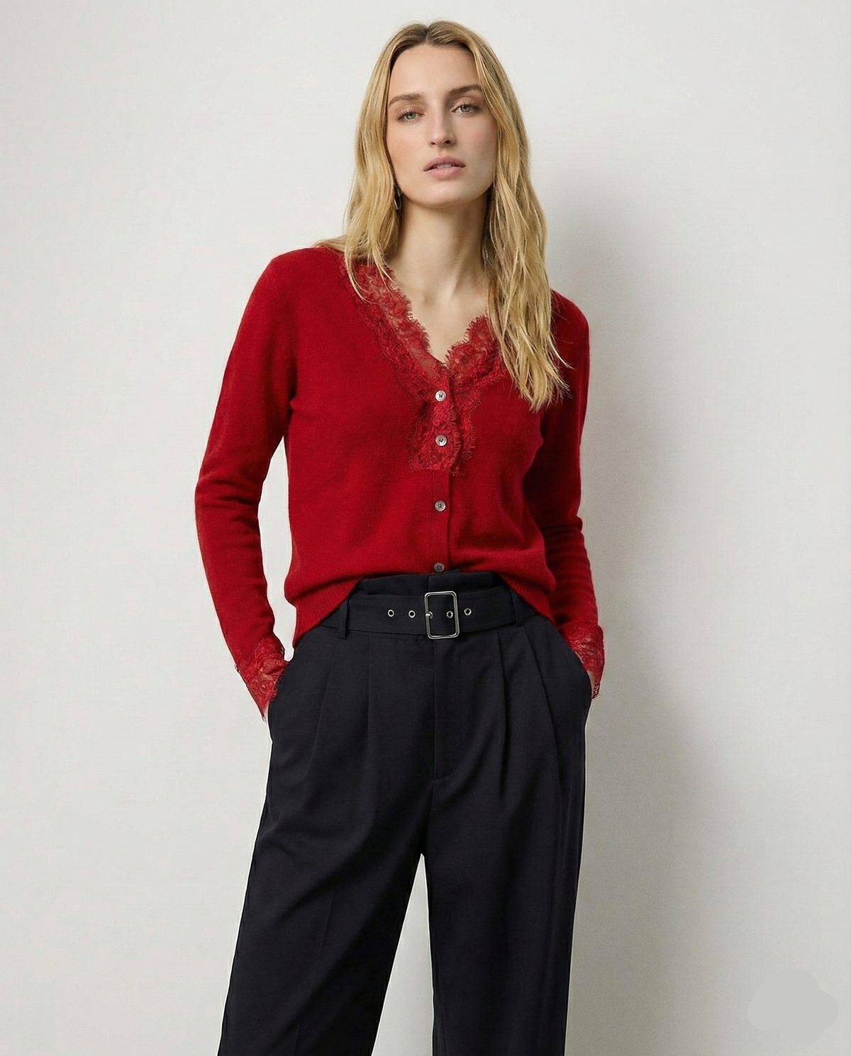 Women's Lace-Trim Knit Cardigan – Open Front Easy Fit