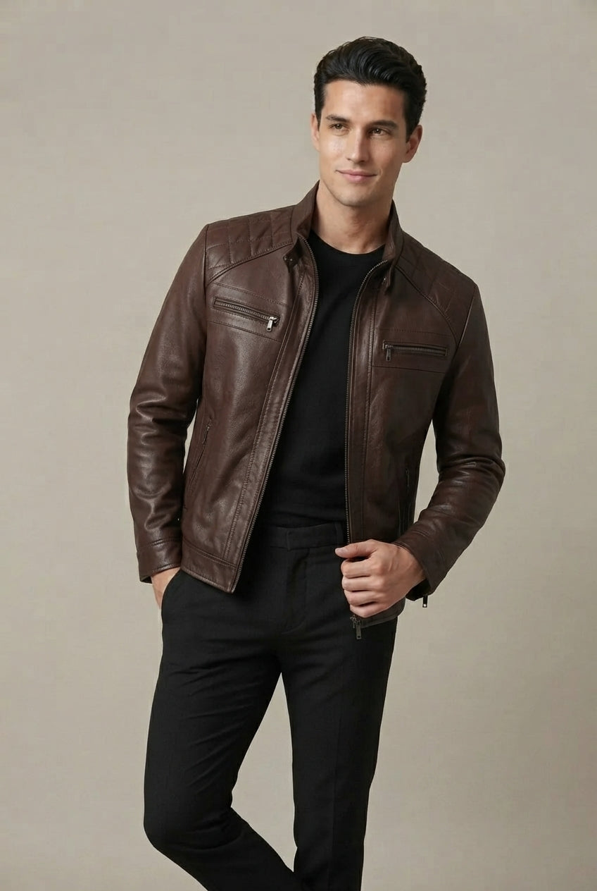 Men's Faux Leather Jacket – Stand Collar Zip Front