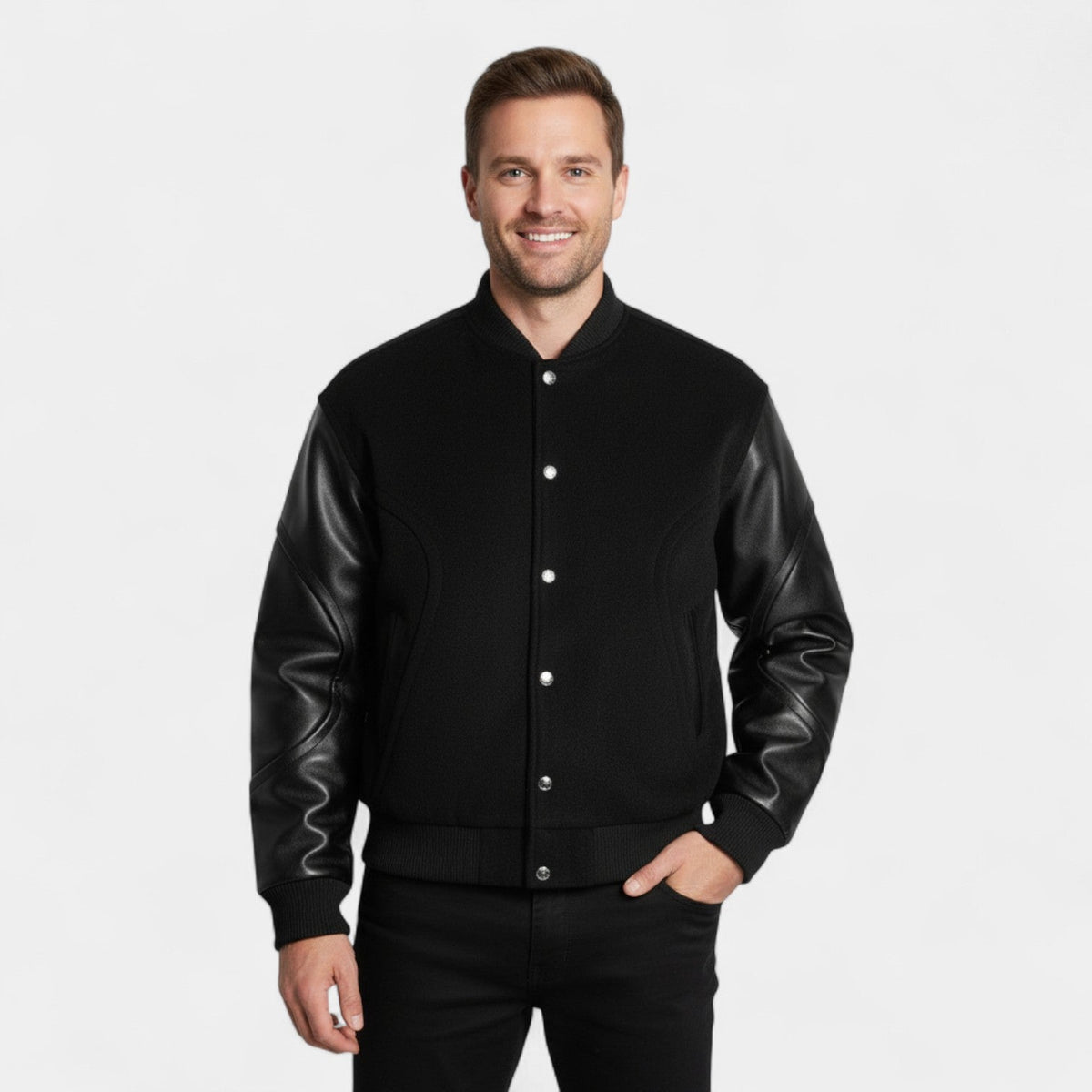 Men's Wool and Leather Bomber Jacket – Contrast Sleeve Design