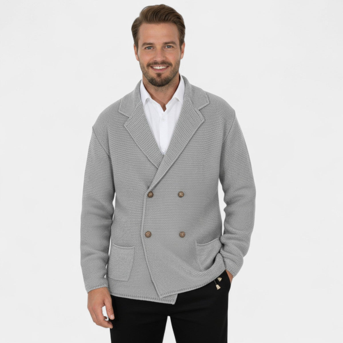 Men's Double-Breasted Knit Cardigan – Notched Lapel Tailored Fit