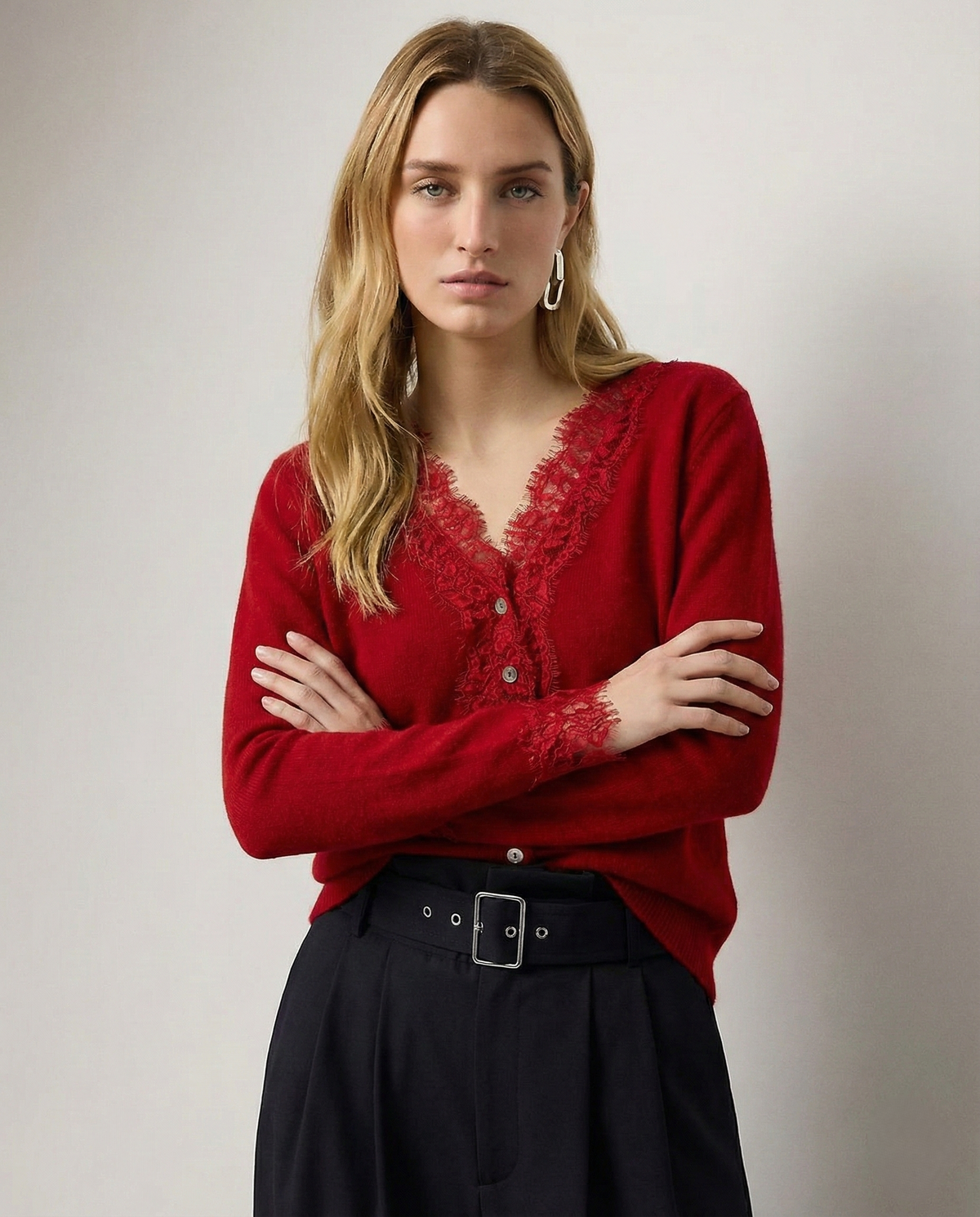 Women's Lace-Trim Knit Cardigan – Open Front Easy Fit