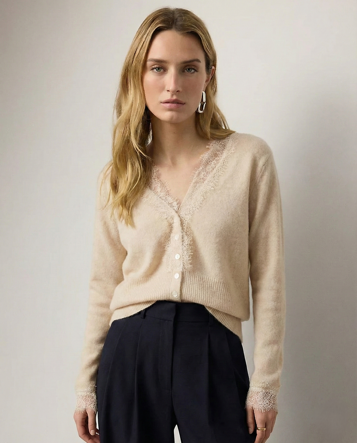 Women's Lace-Trim Knit Cardigan – Open Front Easy Fit