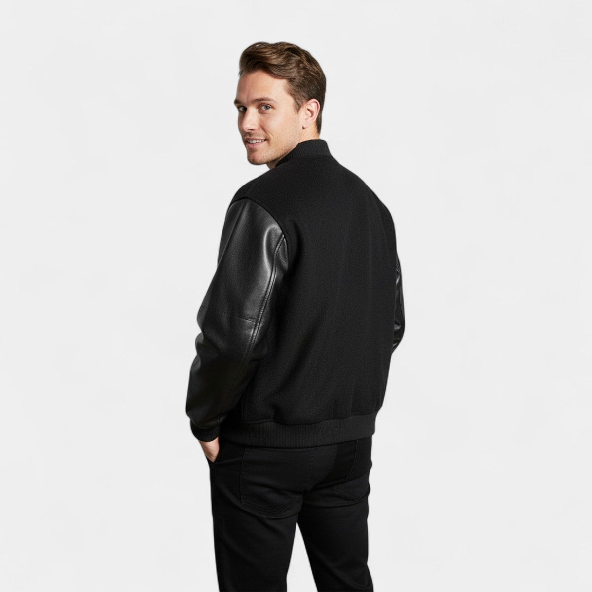 Men's Wool and Leather Bomber Jacket – Contrast Sleeve Design