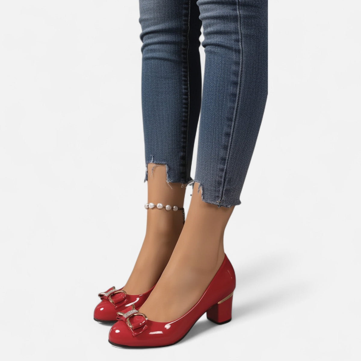 Women's Patent Block Heels – Bow Detail Round Toe