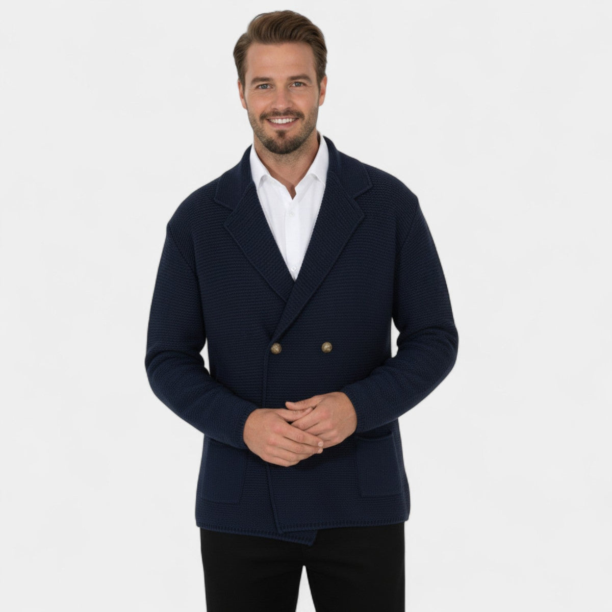 Men's Double-Breasted Knit Cardigan – Notched Lapel Tailored Fit