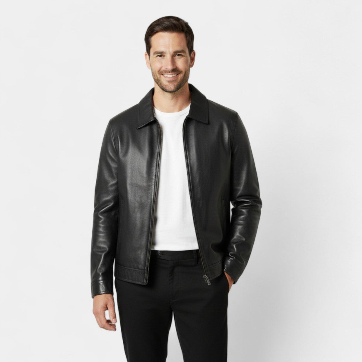 Men's Vegan Leather Jacket – Stand Collar Structured Fit
