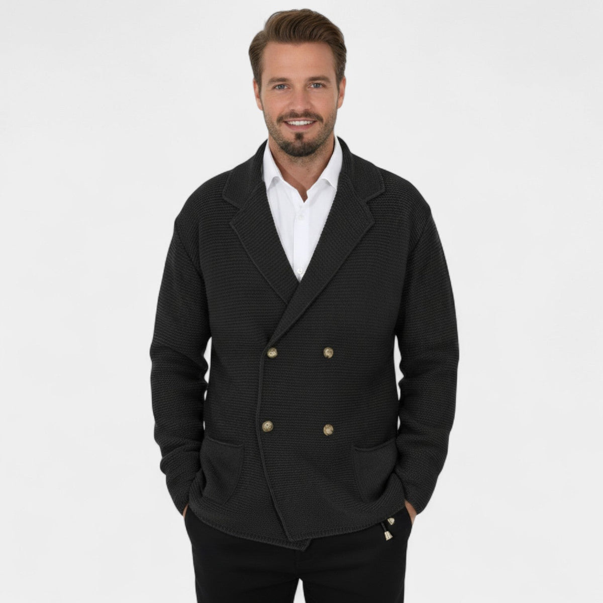 Men's Double-Breasted Knit Cardigan – Notched Lapel Tailored Fit