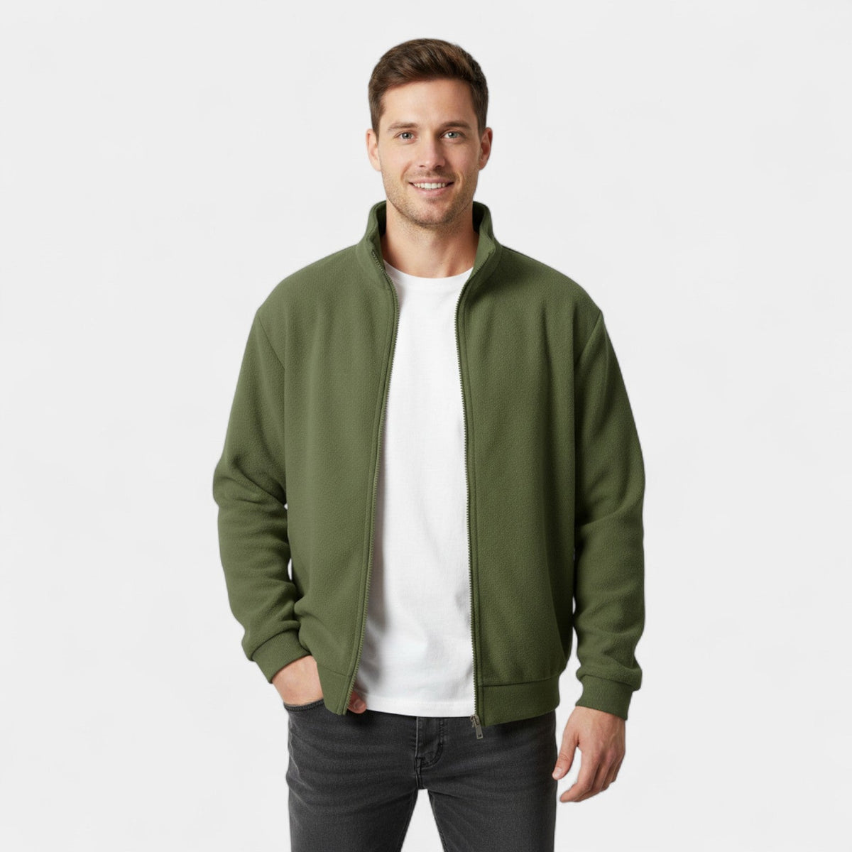 Men's Zip-Up Wool Cardigan – Slim High-Neck Fit
