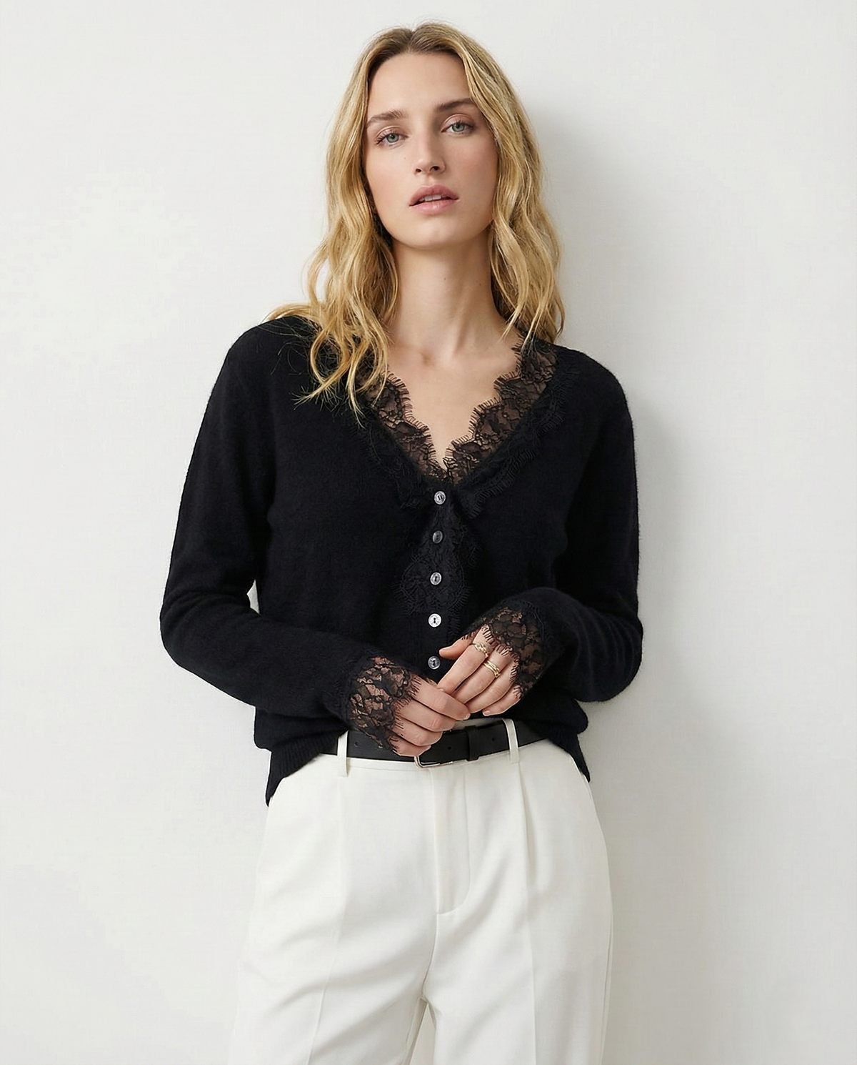 Women's Lace-Trim Knit Cardigan – Open Front Easy Fit