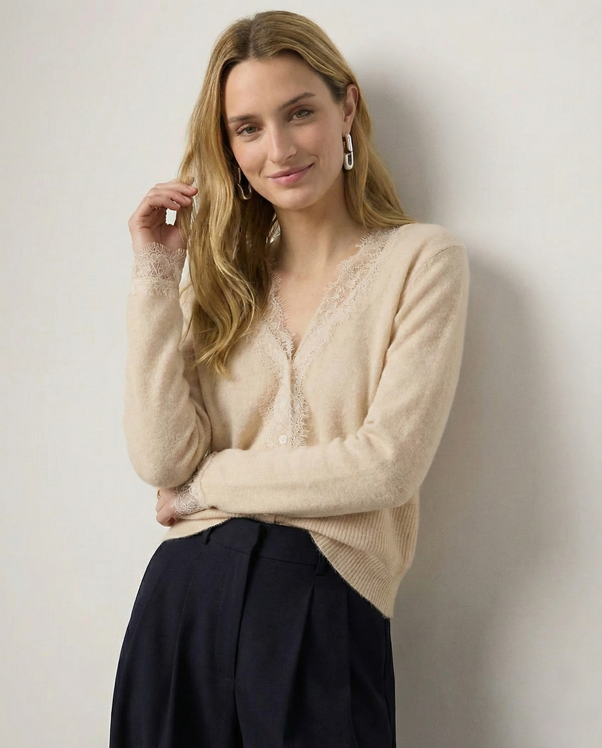 Women's Lace-Trim Knit Cardigan – Open Front Easy Fit