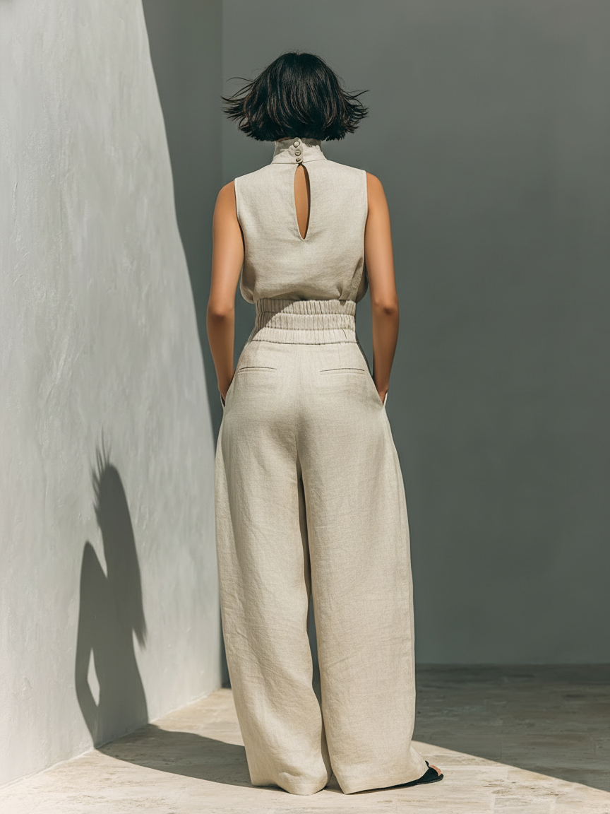 Women's Sleeveless Wide-Leg Pant Set – High-Neck Top