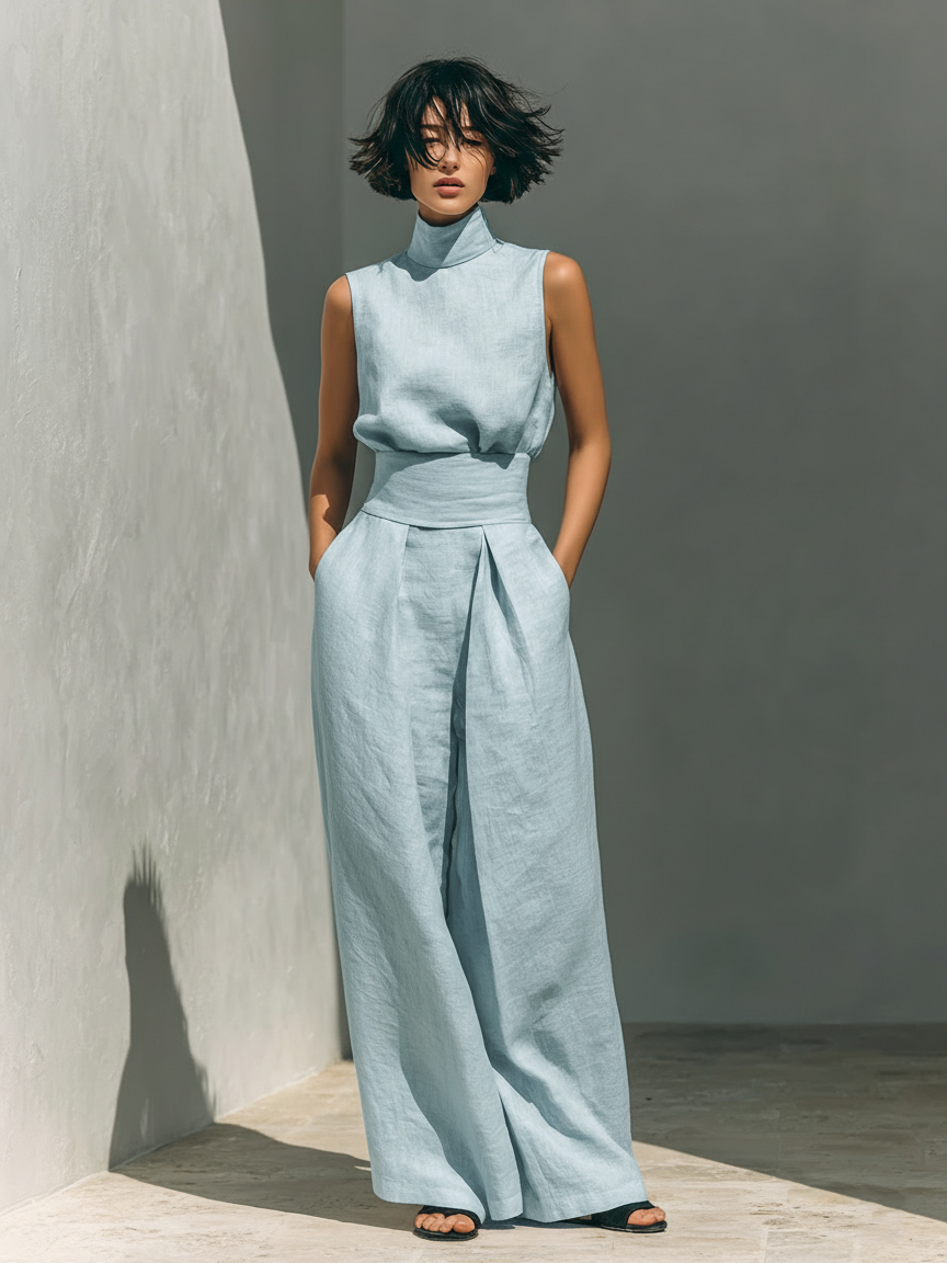 Women's Sleeveless Wide-Leg Pant Set – High-Neck Top