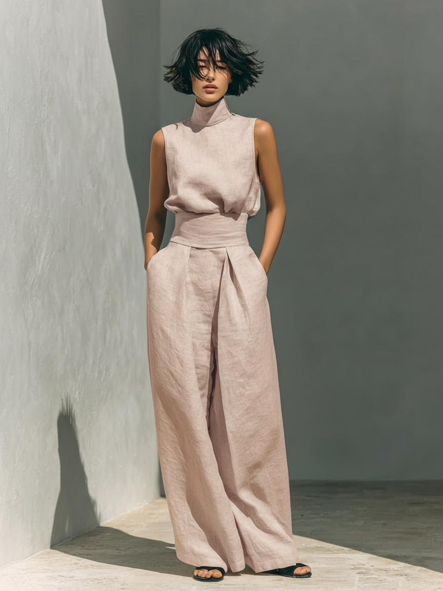 Women's Sleeveless Wide-Leg Pant Set – High-Neck Top