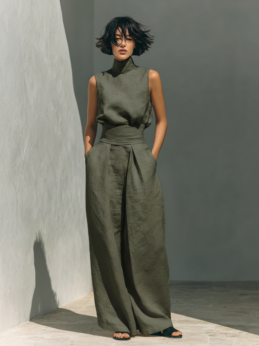 Women's Sleeveless Wide-Leg Pant Set – High-Neck Top