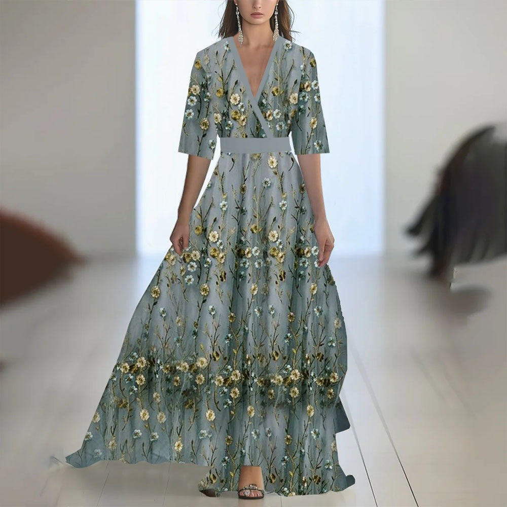 Women's Floral Maxi Dress – V-Neck Fitted Waist