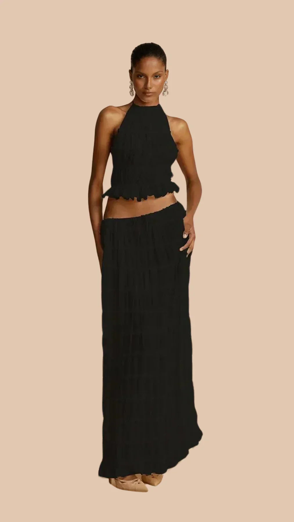Women's Two-Piece Set – Ruched Top & Tiered Maxi