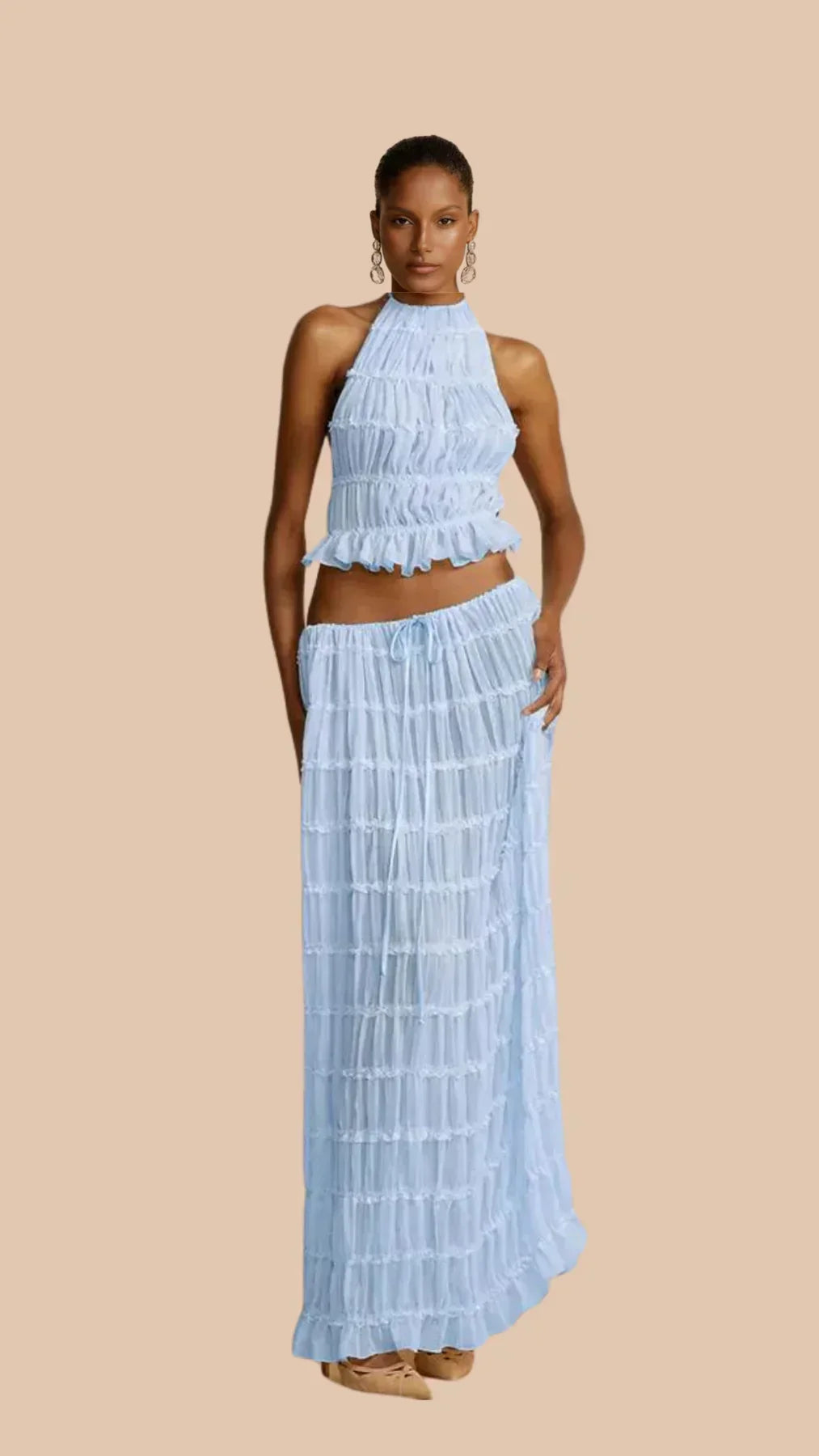 Women's Two-Piece Set – Ruched Top & Tiered Maxi