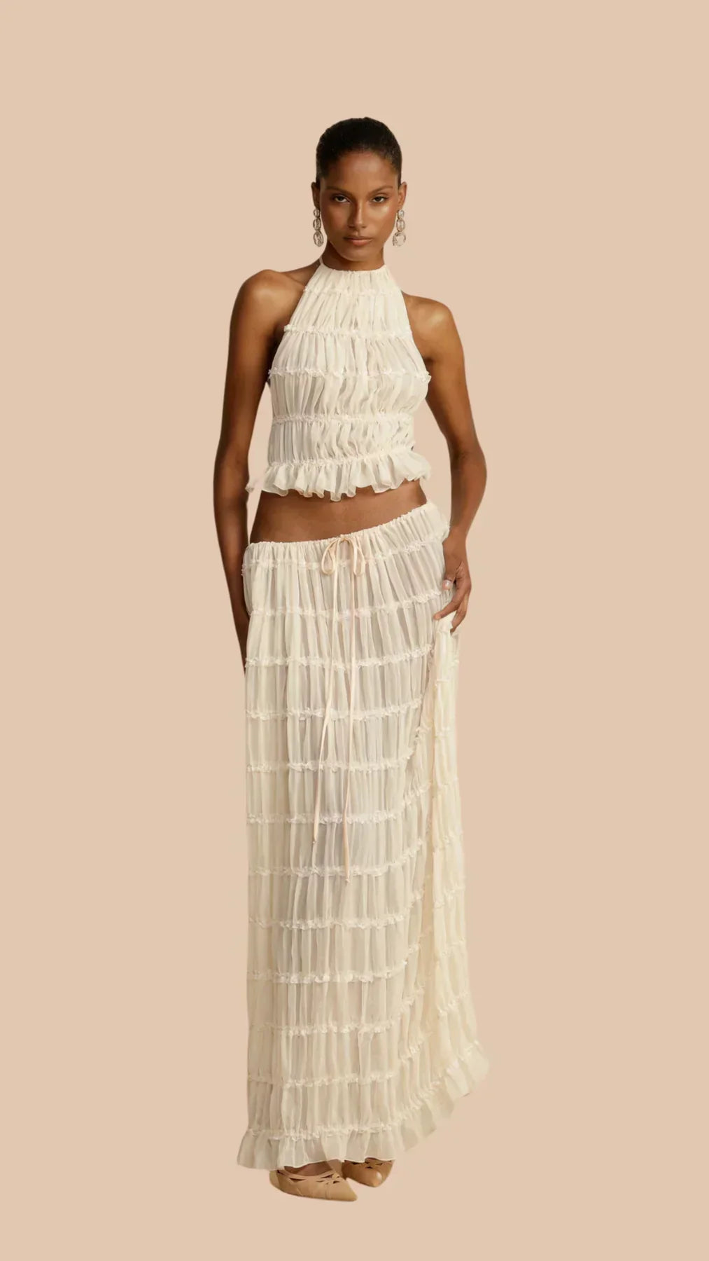Women's Two-Piece Set – Ruched Top & Tiered Maxi
