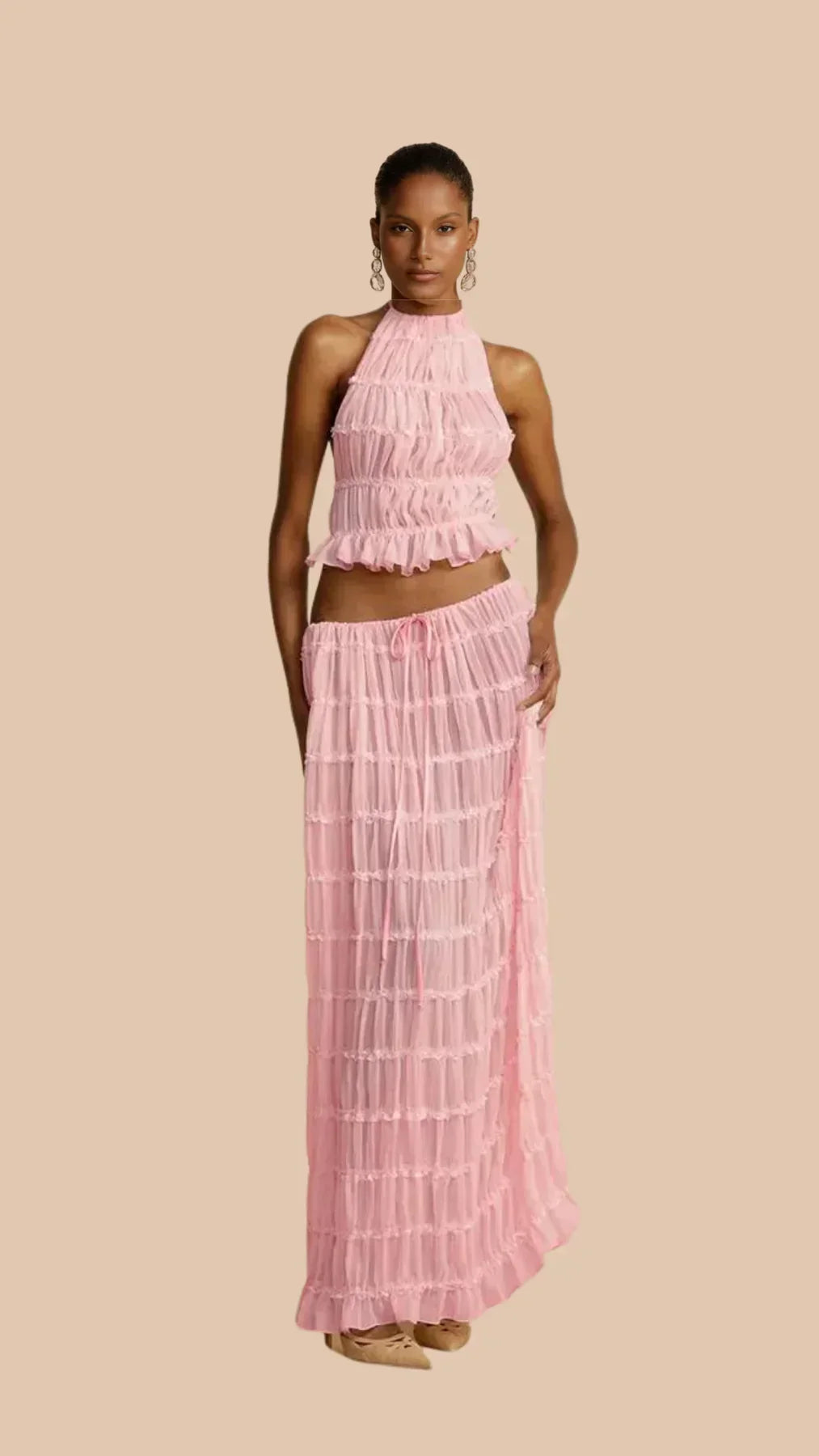 Women's Two-Piece Set – Ruched Top & Tiered Maxi