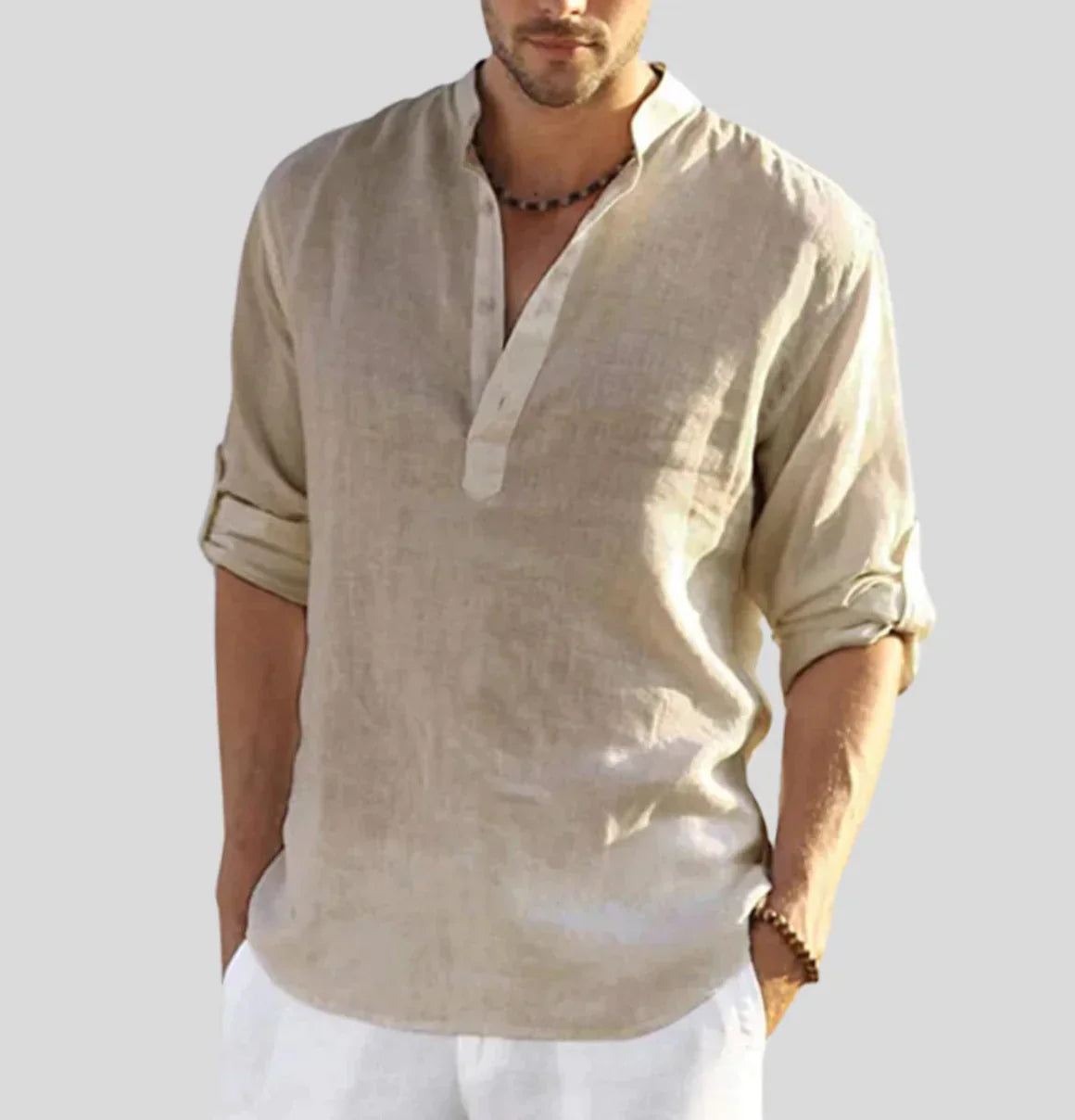 Men's Linen-Blend Shirt – Relaxed Stand Collar