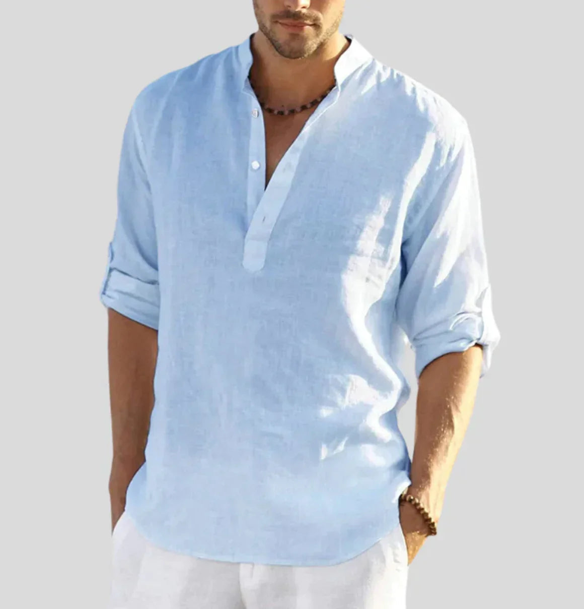 Men's Linen-Blend Shirt – Relaxed Stand Collar