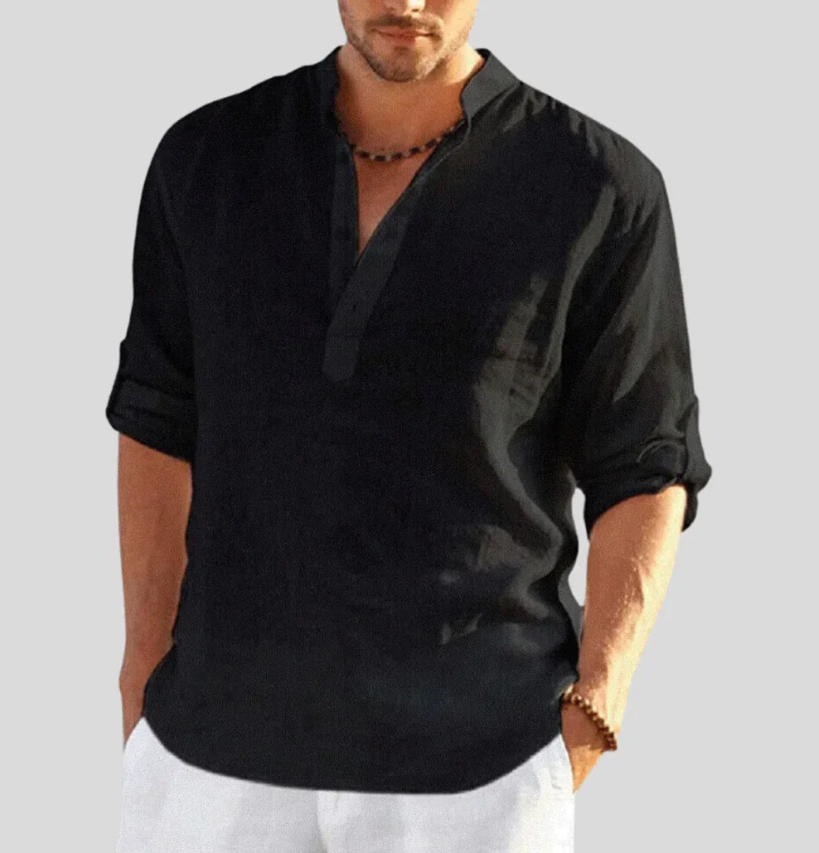 Men's Linen-Blend Shirt – Relaxed Stand Collar