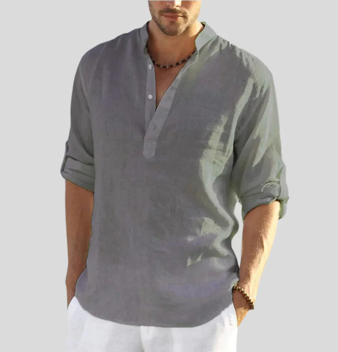 Men's Linen-Blend Shirt – Relaxed Stand Collar