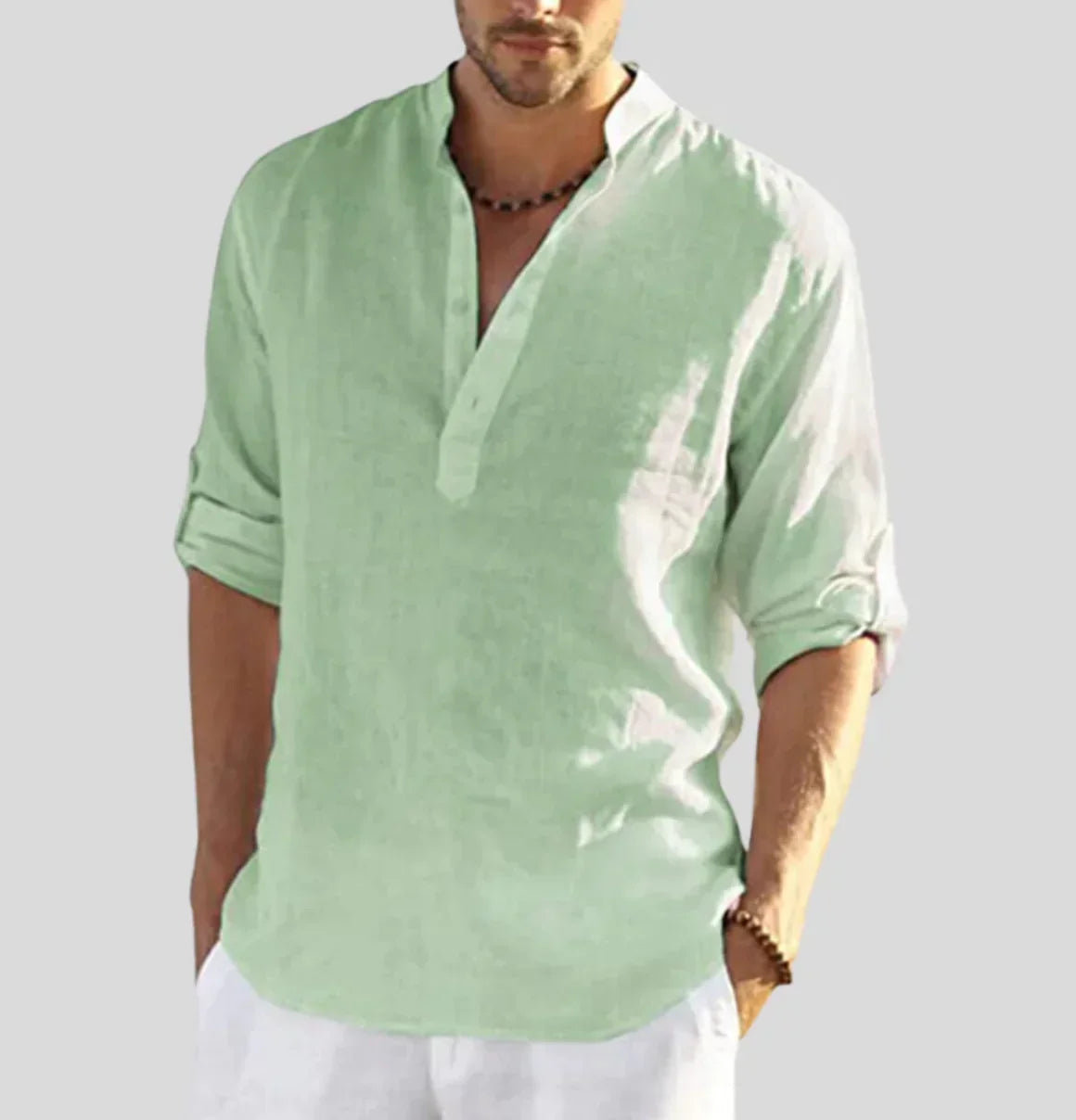 Men's Linen-Blend Shirt – Relaxed Stand Collar