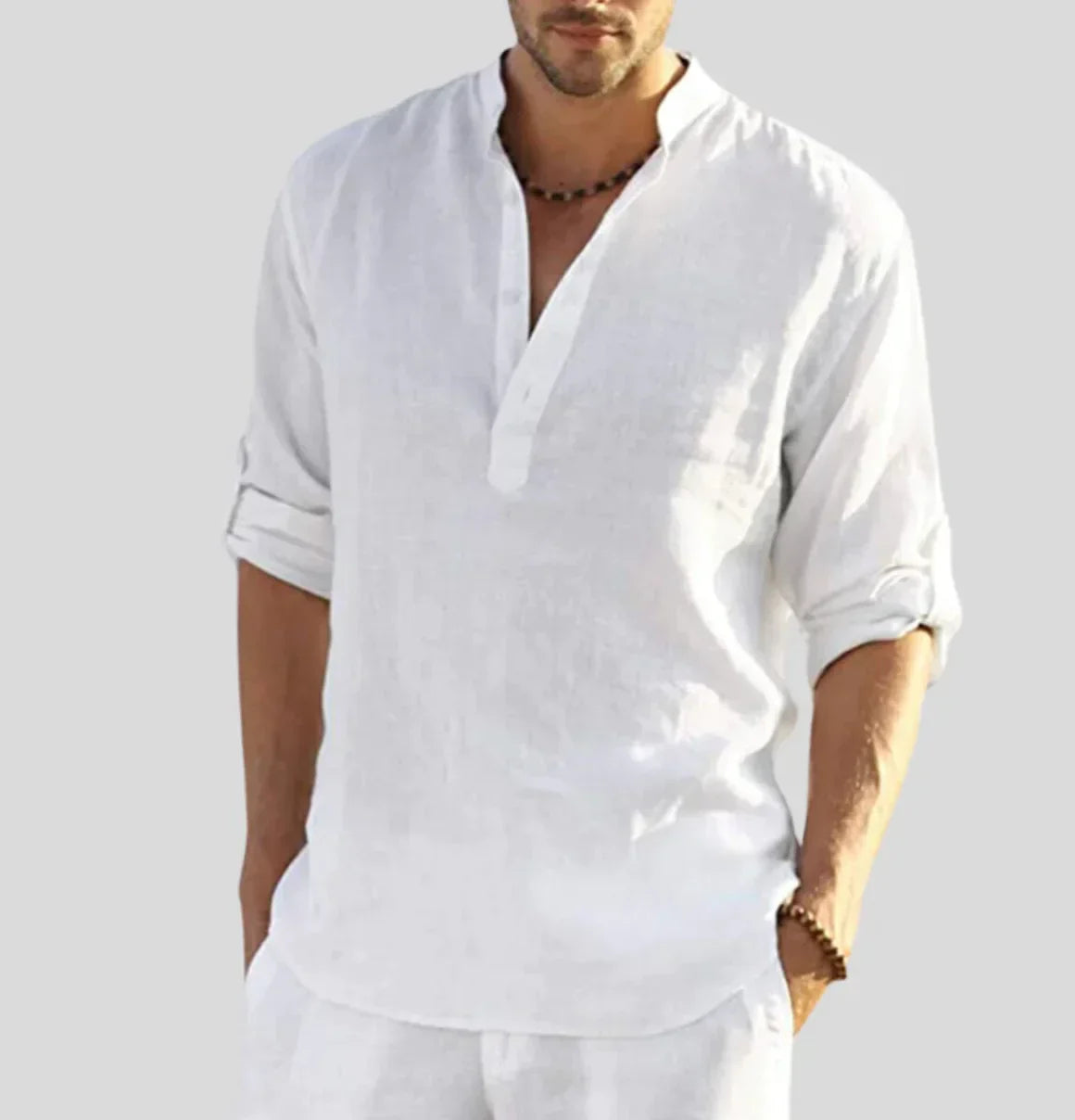 Men's Linen-Blend Shirt – Relaxed Stand Collar