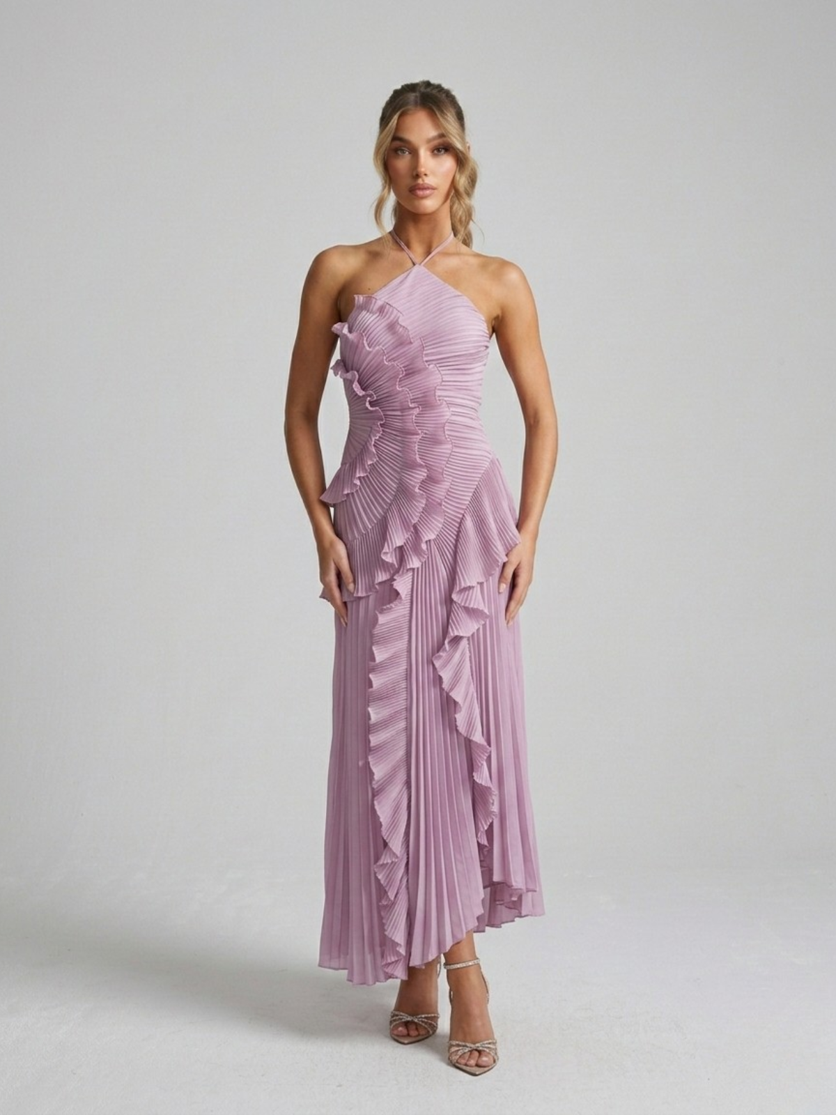 Women's Halter Midi Dress – Micro-Pleated Ruffle Cascade