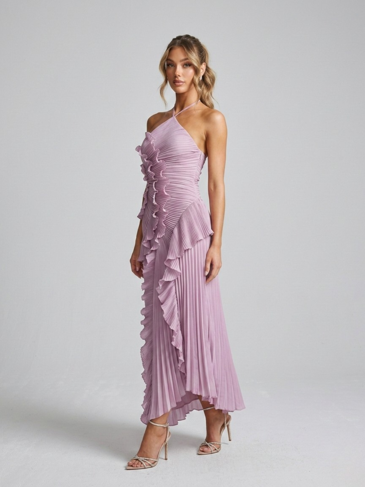 Women's Halter Midi Dress – Micro-Pleated Ruffle Cascade