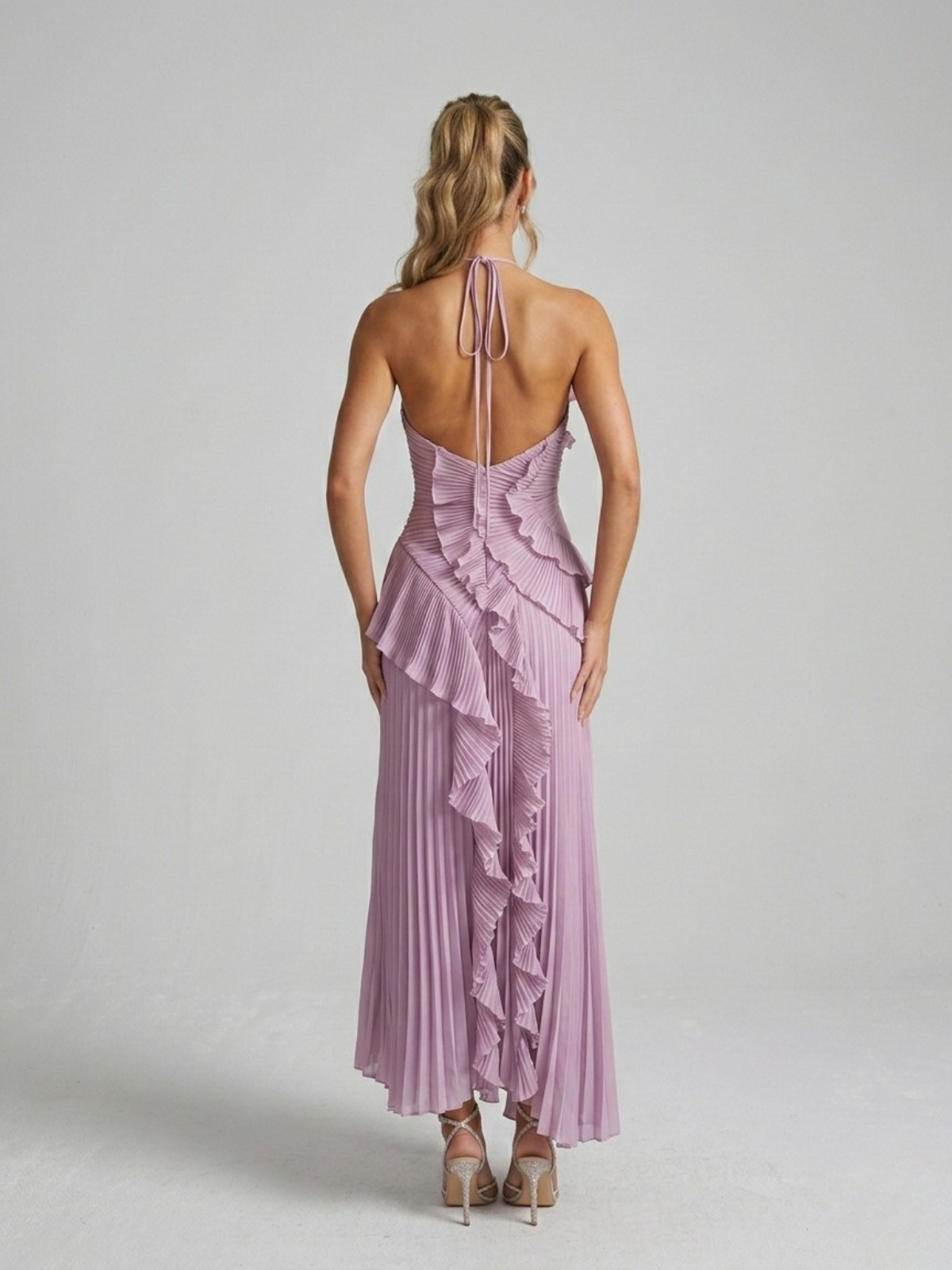 Women's Halter Midi Dress – Micro-Pleated Ruffle Cascade