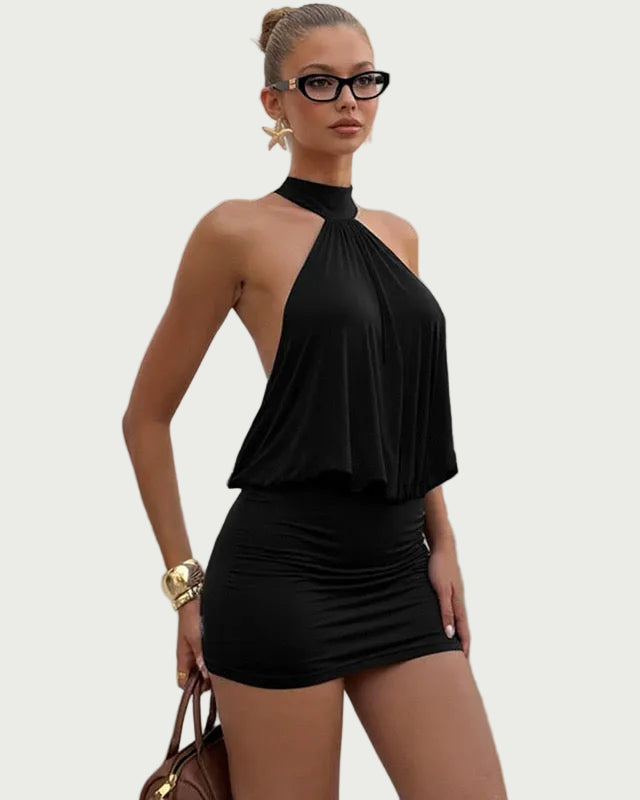 Women's Backless Mini Dress – Draped Halter Neck