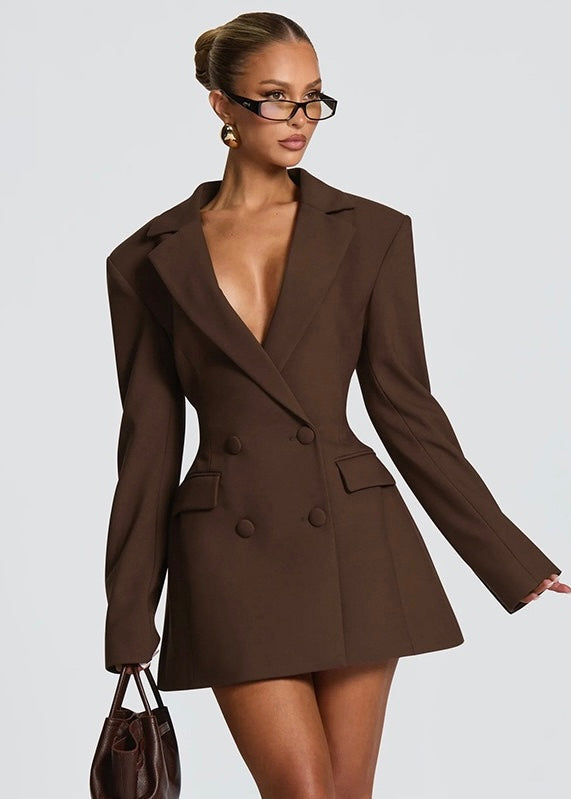 Women's Blazer Mini Dress – Plunge Neck Sharp Shoulders