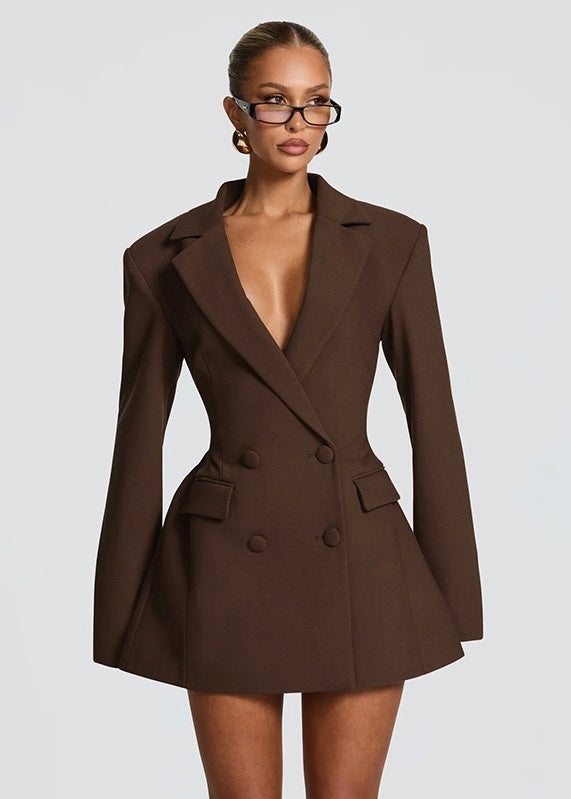 Women's Blazer Mini Dress – Plunge Neck Sharp Shoulders