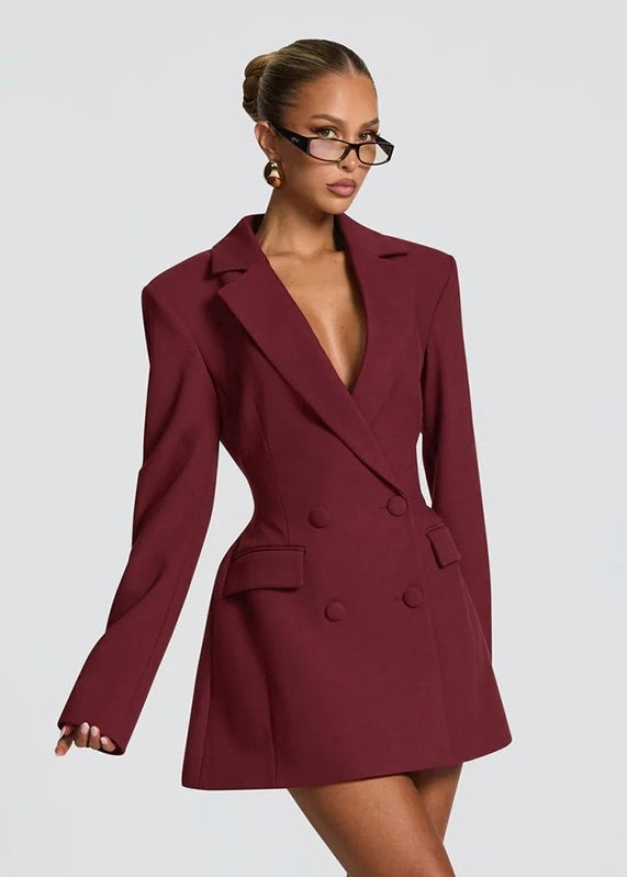 Women's Blazer Mini Dress – Plunge Neck Sharp Shoulders