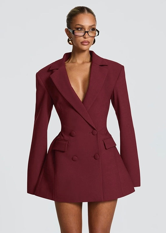 Women's Blazer Mini Dress – Plunge Neck Sharp Shoulders